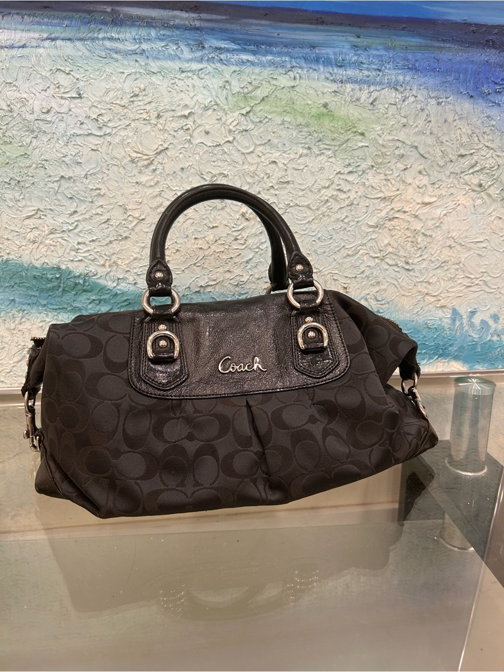 Coach Black Signature Satchel with Leather Trim